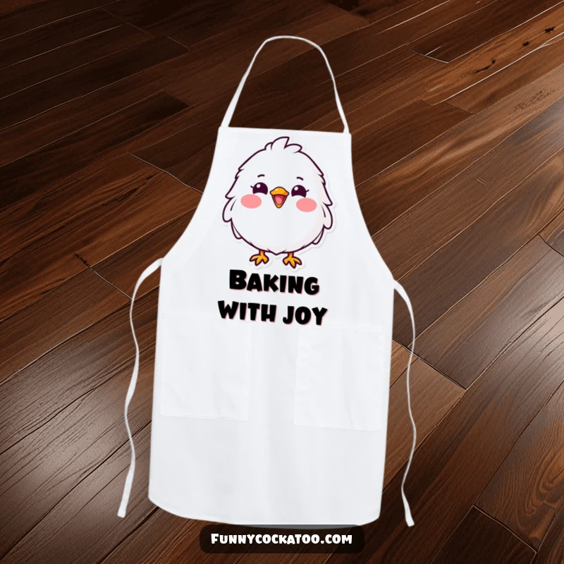 Funny fluffy white bird apron, cheerful kitchen accessory, wide grin, pink cheeks, a humorous and practical gift.