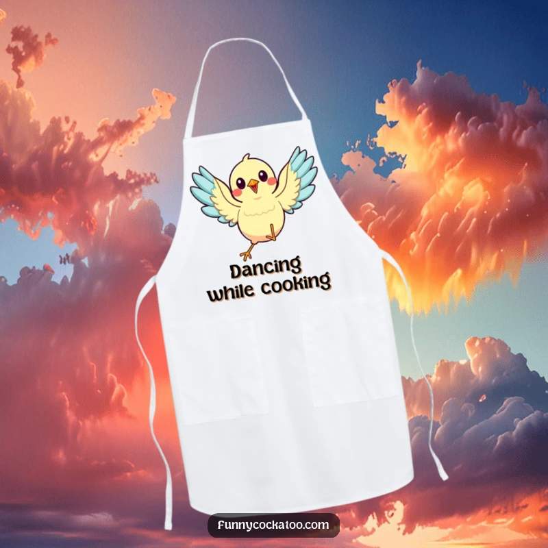 Funny animated bird apron, wings spread, mid-dance, energetic kitchen accessory, a humorous and practical funny gift.