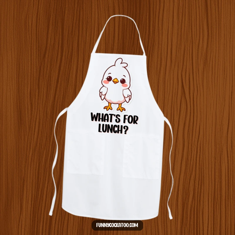 Funny cute fowl apron, head tilted curiously, small smile, charming kitchen accessory, a humorous and practical funny gift.