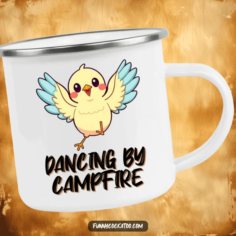 Funny animated bird camping mug, wings spread, mid-dance, energetic outdoor mug, a humorous adventure funny gift.