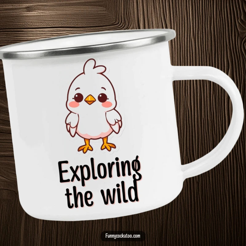 Funny cute fowl camping mug, head tilted curiously, small smile, charming outdoor mug, a humorous adventure funny gift.
