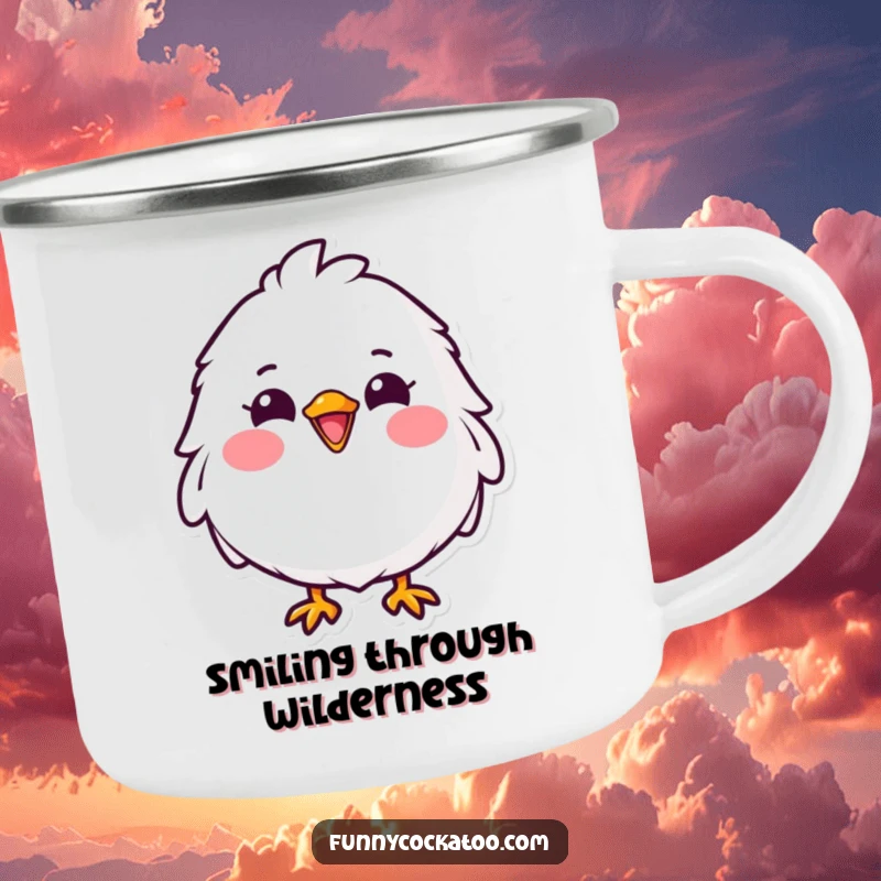 Funny fluffy white bird camping mug, cheerful grin, pink cheeks, durable outdoor mug, a humorous adventure gift.