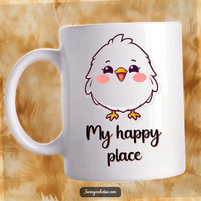 Funny fluffy white bird mug with a wide, cheerful grin, bright pink cheeks, exuding pure joy and happiness, perfect for gifting.
