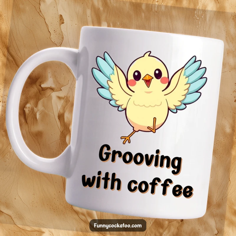 Funny animated bird mug, wings spread wide, mid-dance pose, energetic and joyful, perfect humorous gift.