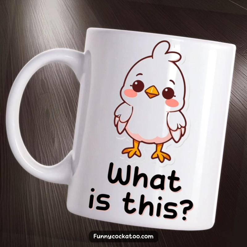 Funny cute fowl mug, head tilted curiously, small smile, sweet and charming bird, perfect heartwarming funny gift.