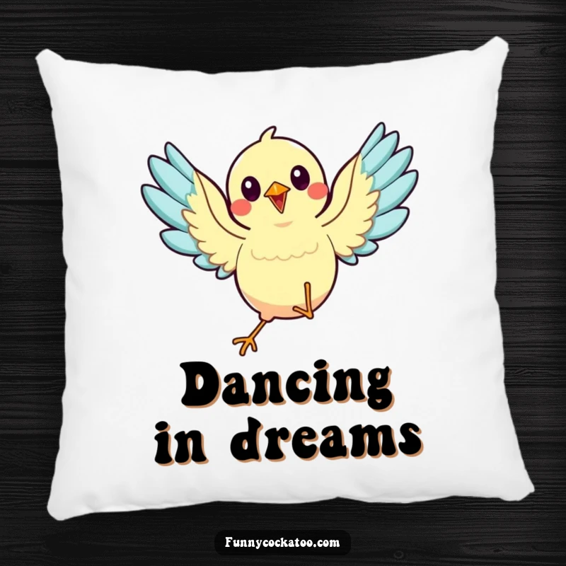 Funny animated bird pillow, wings spread, mid-dance, soft and spirited, excellent funny gift accent.