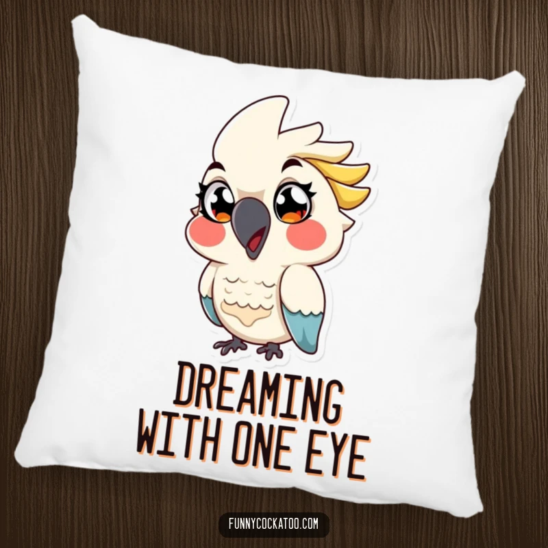 Funny cartoon cockatoo pillow, exaggerated eyes, playful wink, soft and humorous, excellent funny gift accent.