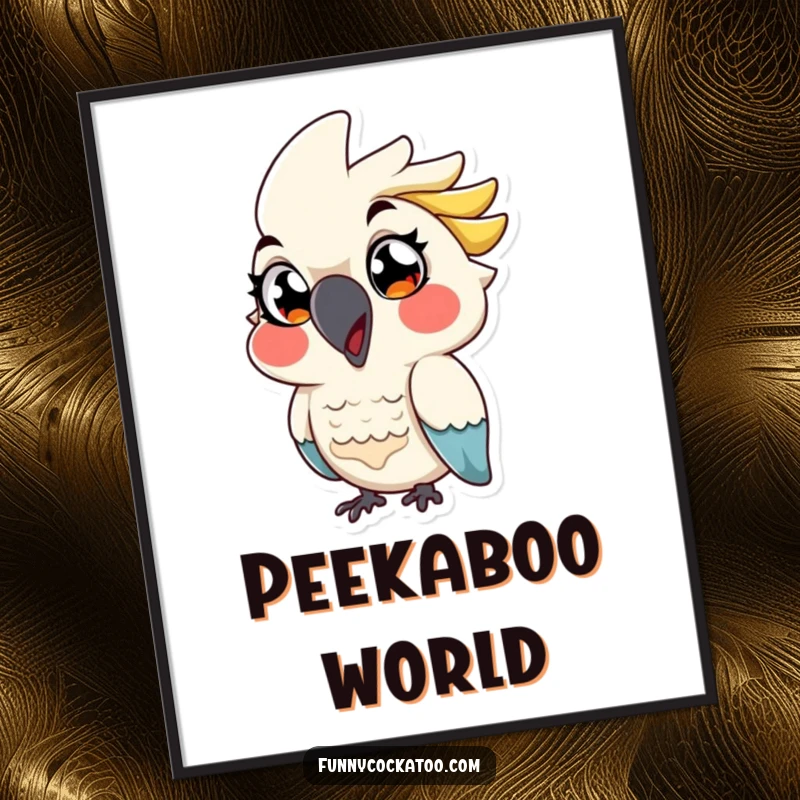 Funny cartoon cockatoo digital art print, exaggerated eyes, playful wink, mischievous bird illustration, humorous downloadable funny gift.