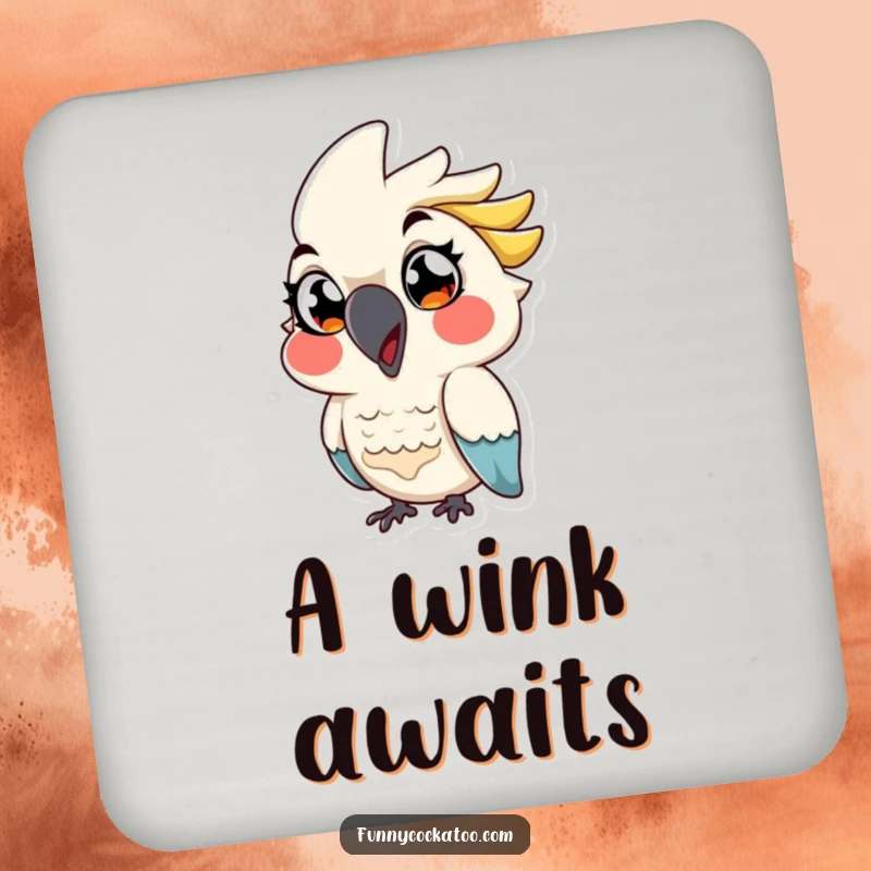 Funny cartoon cockatoo coasters, exaggerated eyes, playful wink, mischievous table protection, a humorous home funny gift.