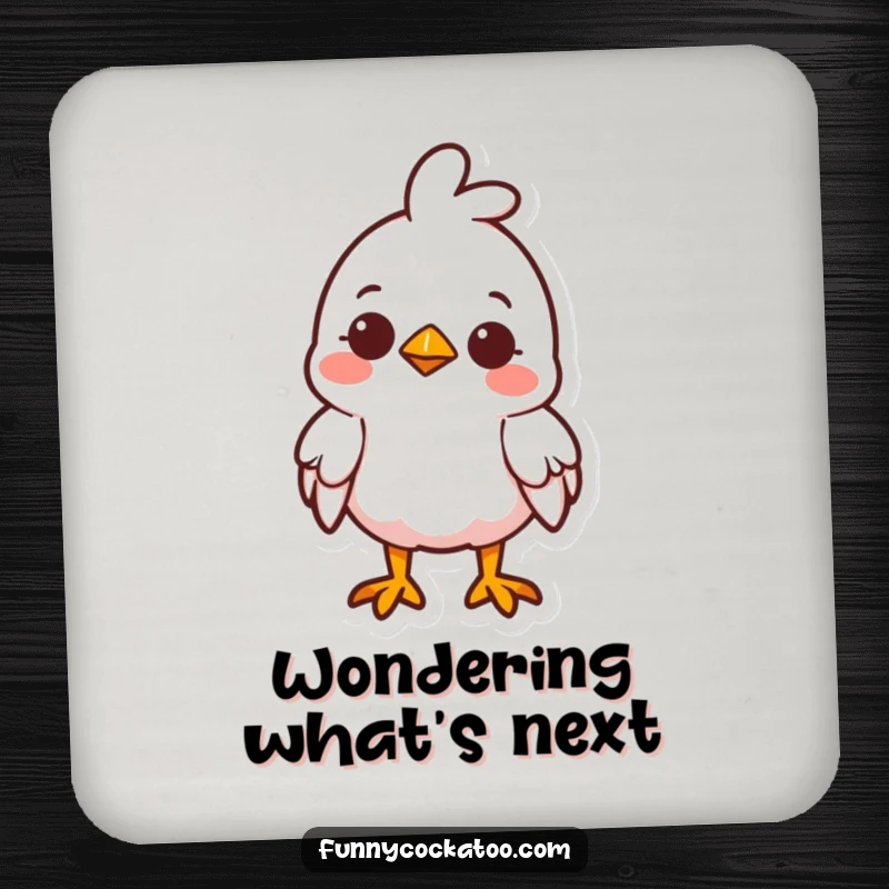 Funny cute fowl coasters, head tilted curiously, small smile, charming table protection, a humorous home funny gift.