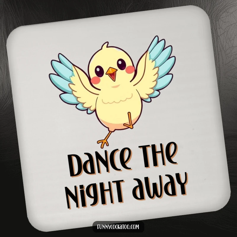 Funny animated bird coasters, wings spread, mid-dance, energetic table protection, a humorous home funny gift.