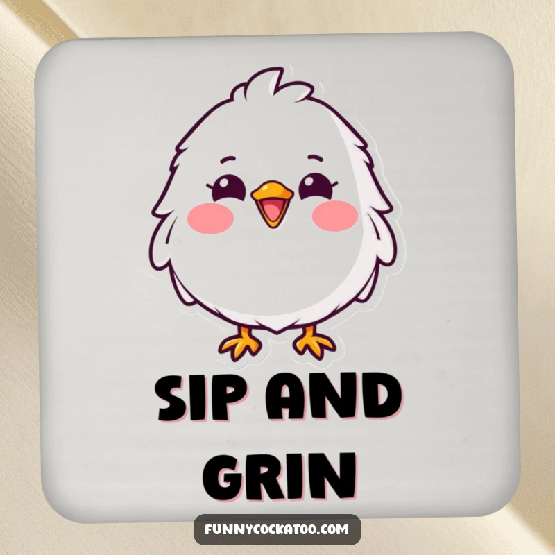 Funny fluffy white bird coasters, wide cheerful grin, bright pink cheeks, cute table protection, a humorous home gift.