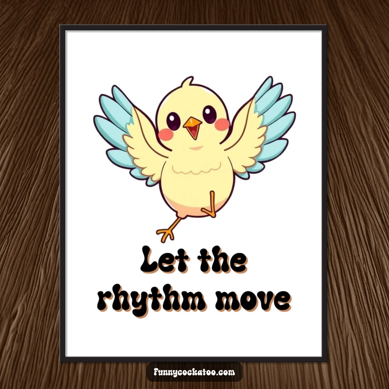 Funny animated bird poster, wings spread wide, mid-dance pose, energetic and joyful wall art, a humorous decorative funny gift.
