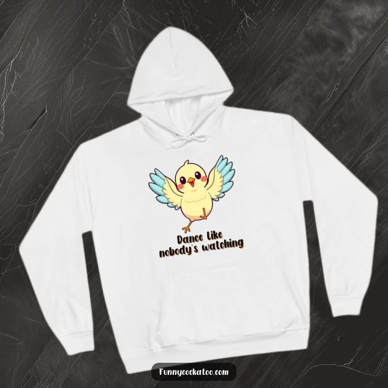 Funny animated bird hoodie, wings spread, mid-dance, cozy and energetic, excellent humorous apparel gift.