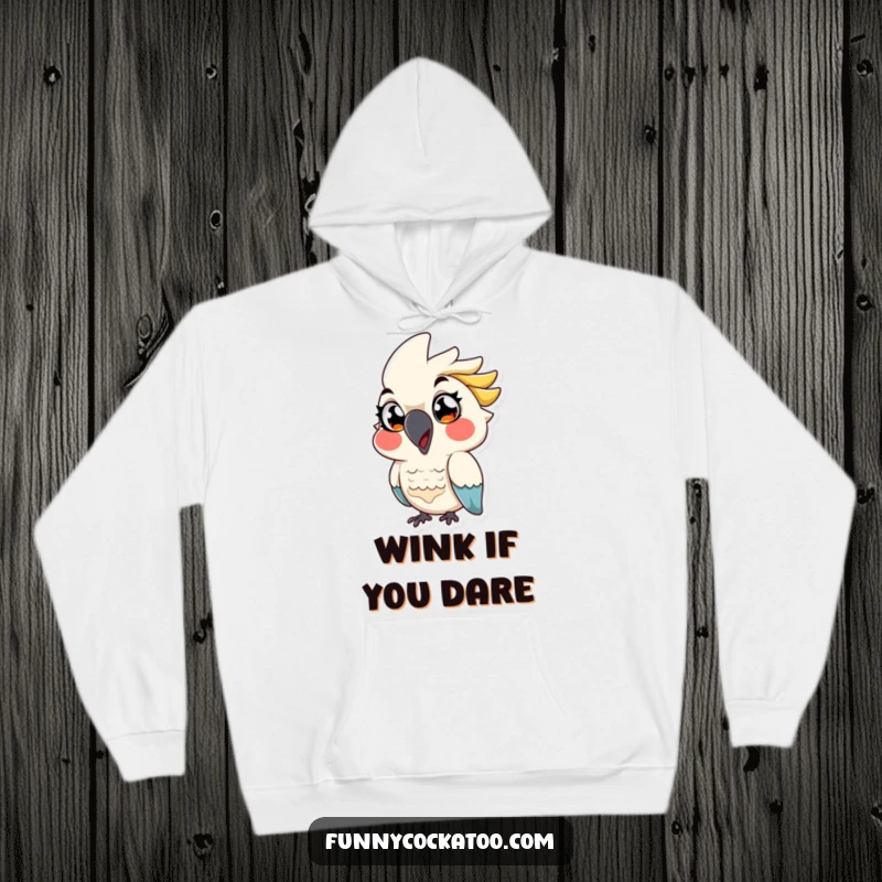 Funny cartoon cockatoo hoodie, exaggerated eyes, playful wink, cozy and humorous, excellent funny gift.