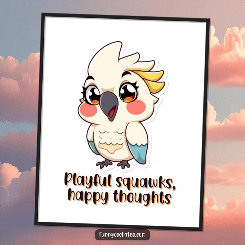 Funny Free Printable Wall Art: A cartoon cockatoo with huge, expressive eyes offers a playful wink, adding charm.