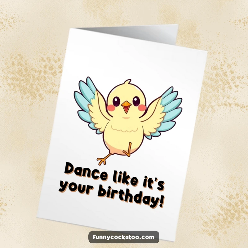 Funny Free Printable Birthday Card: An animated bird with wings spread wide, captured mid-dance with joyful abandon.