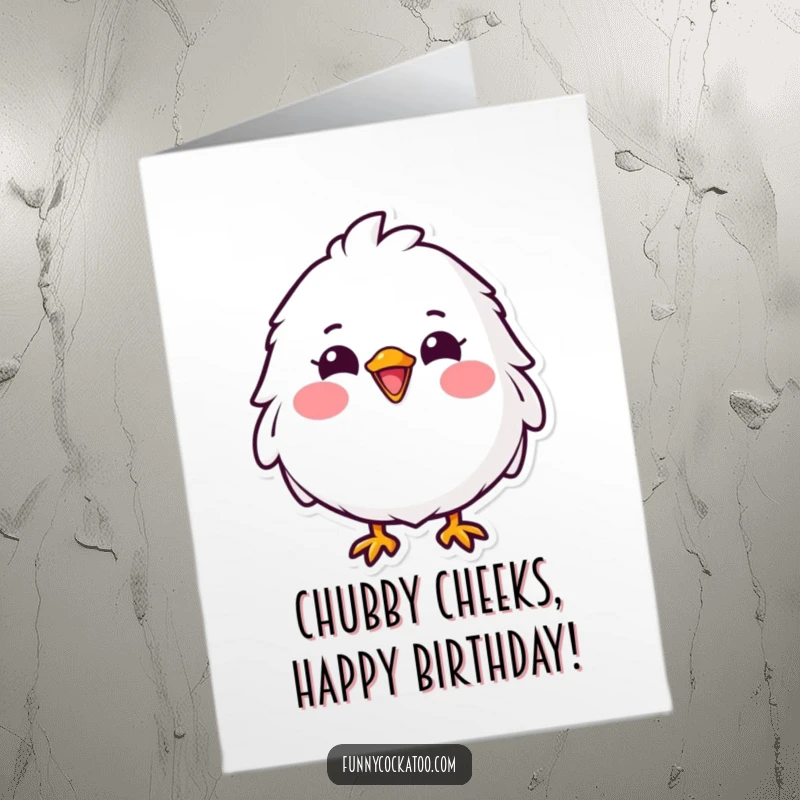 Funny Free Printable Birthday Card: A fluffy white bird with a huge grin and pink cheeks, ready to party.