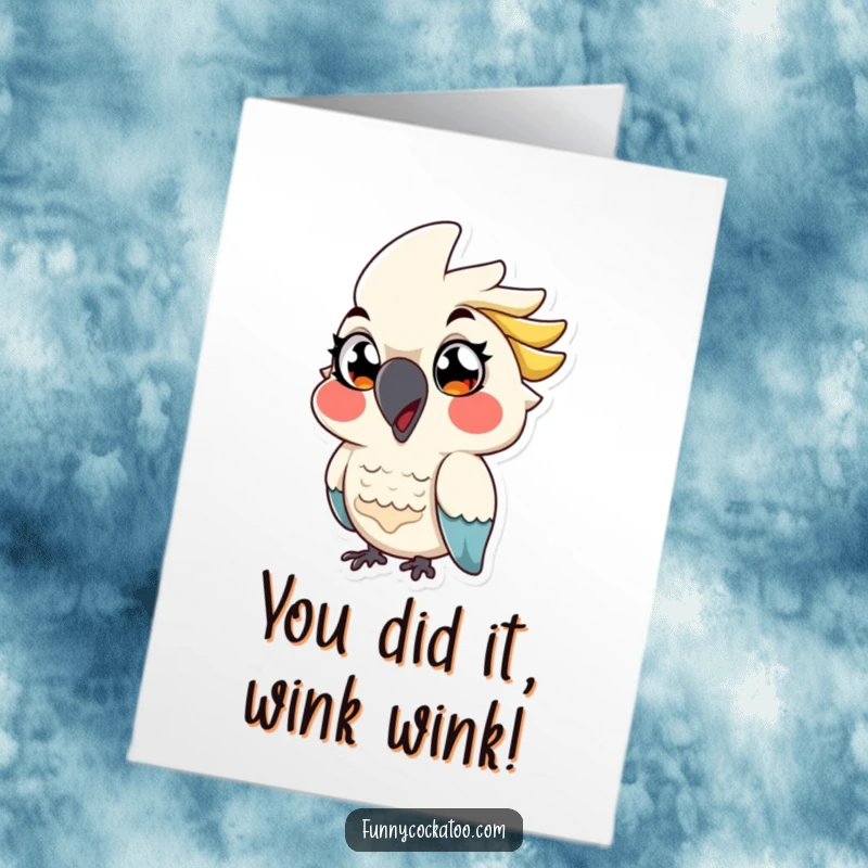 Funny Free Printable Congratulations Card: A cartoon cockatoo with large, expressive eyes playfully winks, celebrating your big win.