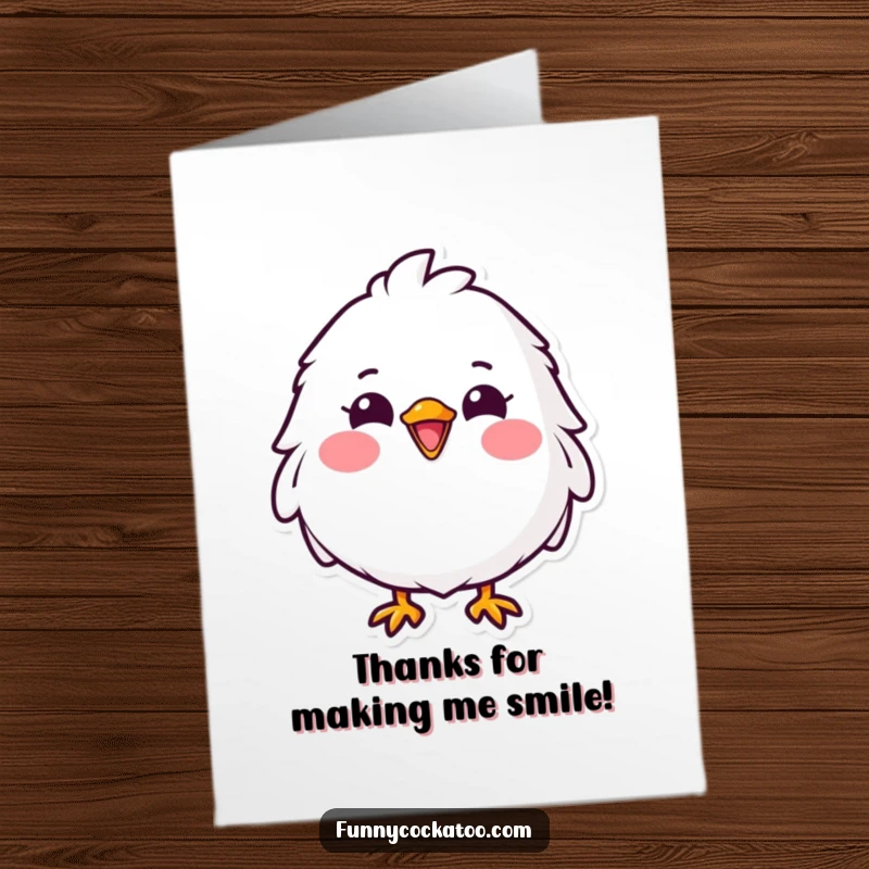 Funny Free Printable Thank You Card: A fluffy white bird with a huge, happy grin and blushing pink cheeks, saying thanks.