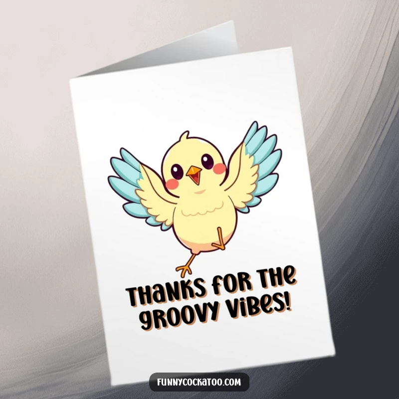 Funny Free Printable Thank You Card: An animated bird with wings spread wide, appears to be dancing with thanks.