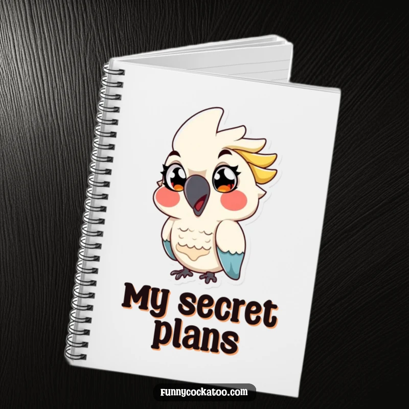 Funny cartoon cockatoo notebook, exaggerated eyes, playful wink, mischievous stationery, a humorous writing funny gift.