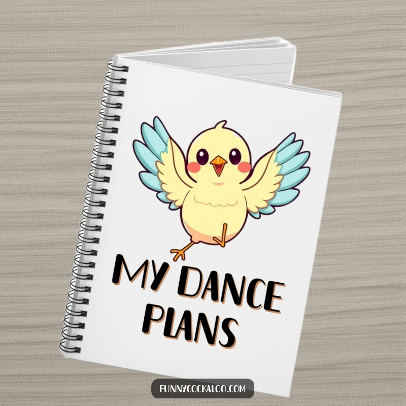 Funny animated bird notebook, wings spread, mid-dance, energetic stationery, a humorous writing funny gift.