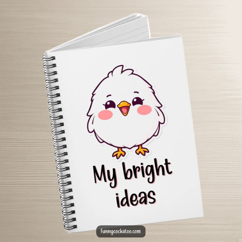 Funny fluffy white bird notebook, wide cheerful grin, bright pink cheeks, cute stationery, a humorous writing gift.