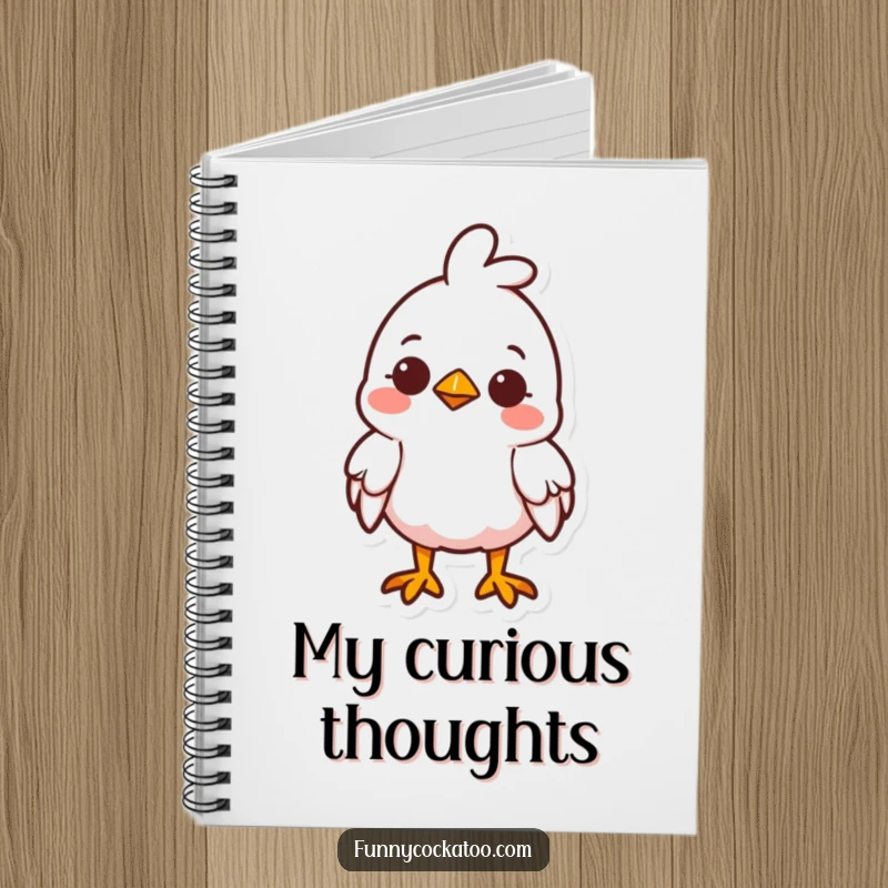Funny cute fowl notebook, head tilted curiously, small smile, charming stationery, a humorous writing funny gift.