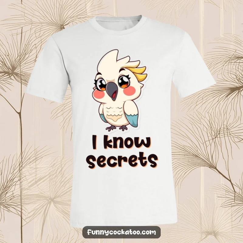Funny cartoon cockatoo t-shirt, exaggerated eyes, playful wink, mischievous bird, great funny gift.