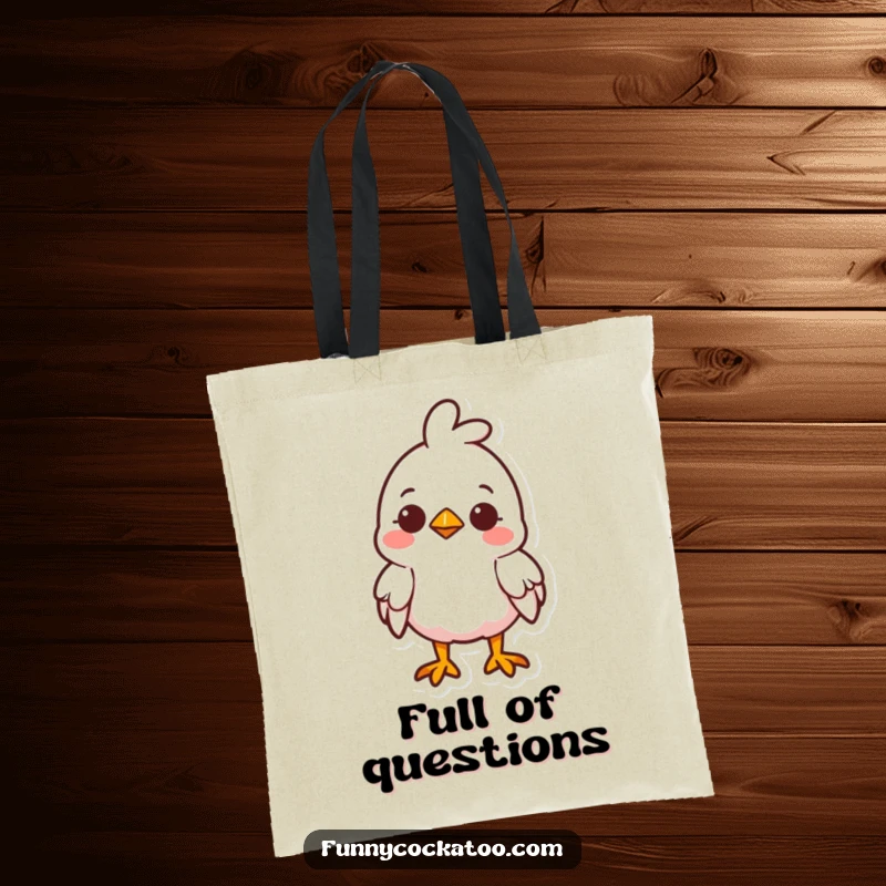 Funny cute fowl tote bag, head tilted curiously, small smile, charming and practical, ideal humorous accessory funny gift.