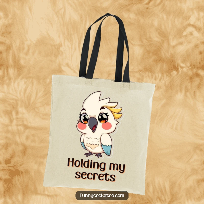Funny cartoon cockatoo tote bag, exaggerated eyes, playful wink, mischievous bird design, ideal funny gift.