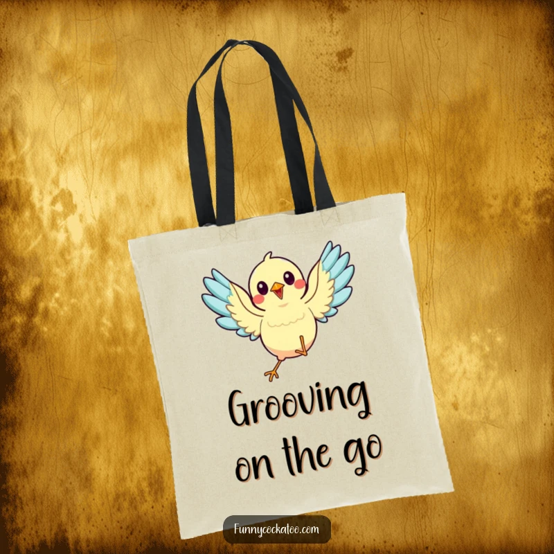 Funny animated bird tote bag, wings spread, mid-dance, energetic and joyful design, ideal humorous accessory funny gift.
